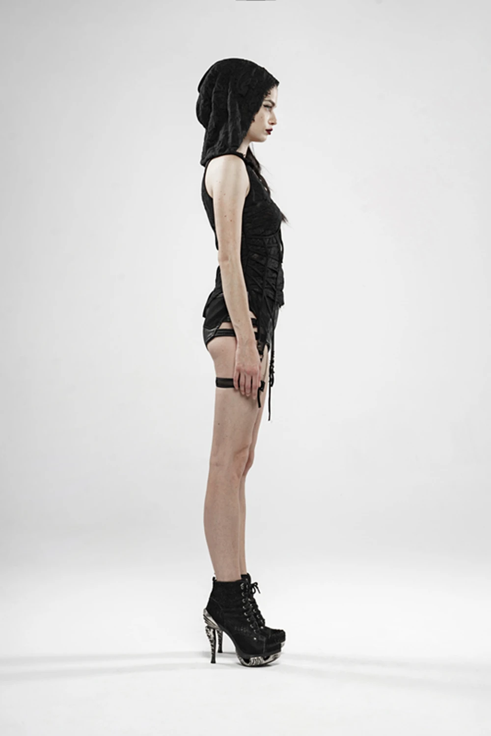 Classic Knit Slim Sleeveless Cross Hem Irregular Hooded T-shirt fashion Night Elf Angel sexy Women Top PUNK RAVE WT-603TDF | Женская