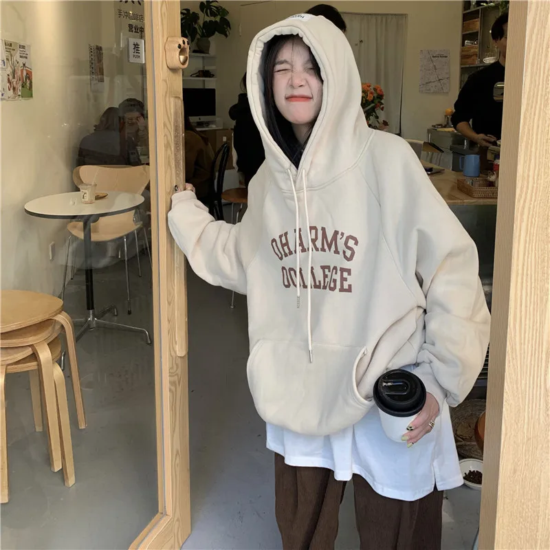 

5474 Autumn and winter 2021 new Korean style loose design sense plus velvet hooded sweatshirt women