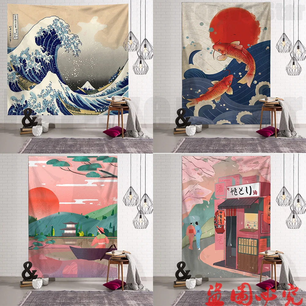 

Print Blanket Kanagawa Wave Tapestry Wall Hanging Bohemian Bed Hippie Japanese Illustration Kawaii Bedroom Home Decor