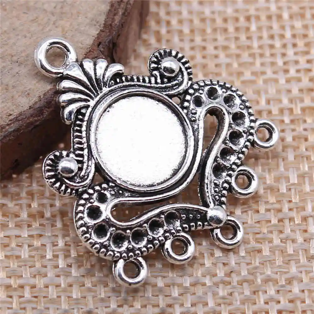 

Handmade Pendants For Jewelry Accessories 8pcs Fit 10mm Round Cabochon Porous Earring Connector 31x26mm Antique Silver Plated