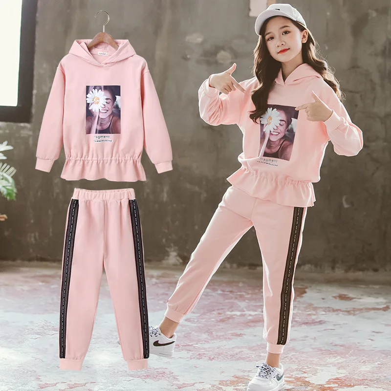 

Hooded Two Piece Cotton Spring Autumn Teens Children Clothes Baby Girls Suit Pants +Sweatshirts Kids Toddler Outwear High Qualit