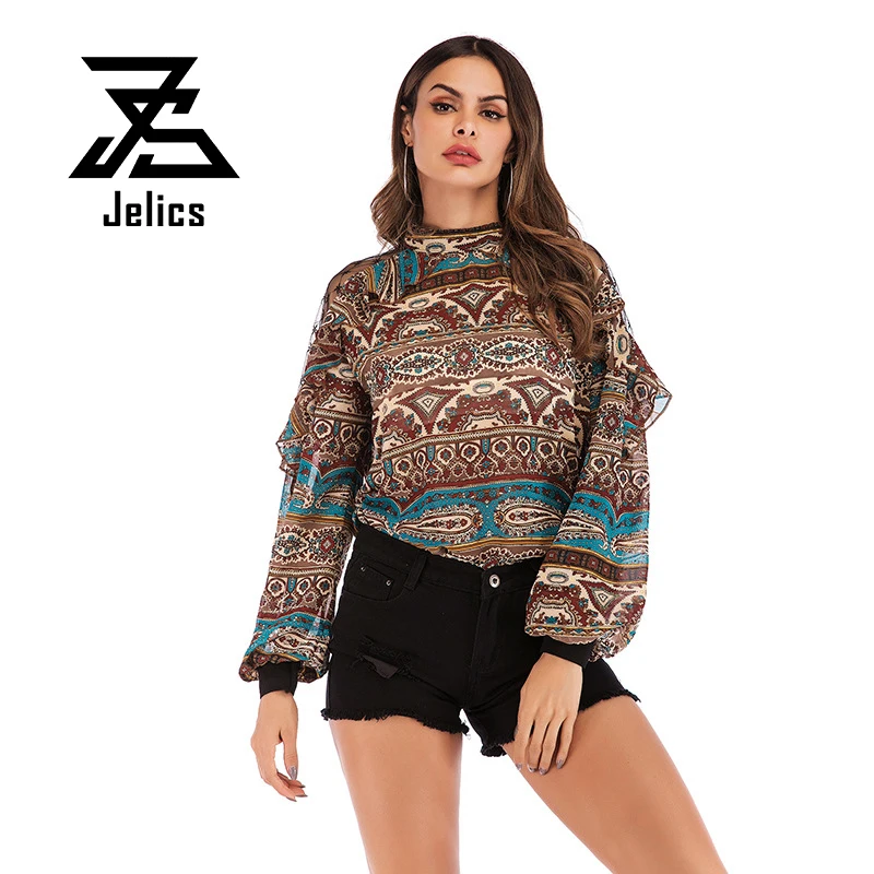 Модная шифоновая блузка с оборками Jelics женские топы принтом и длинными рукавами