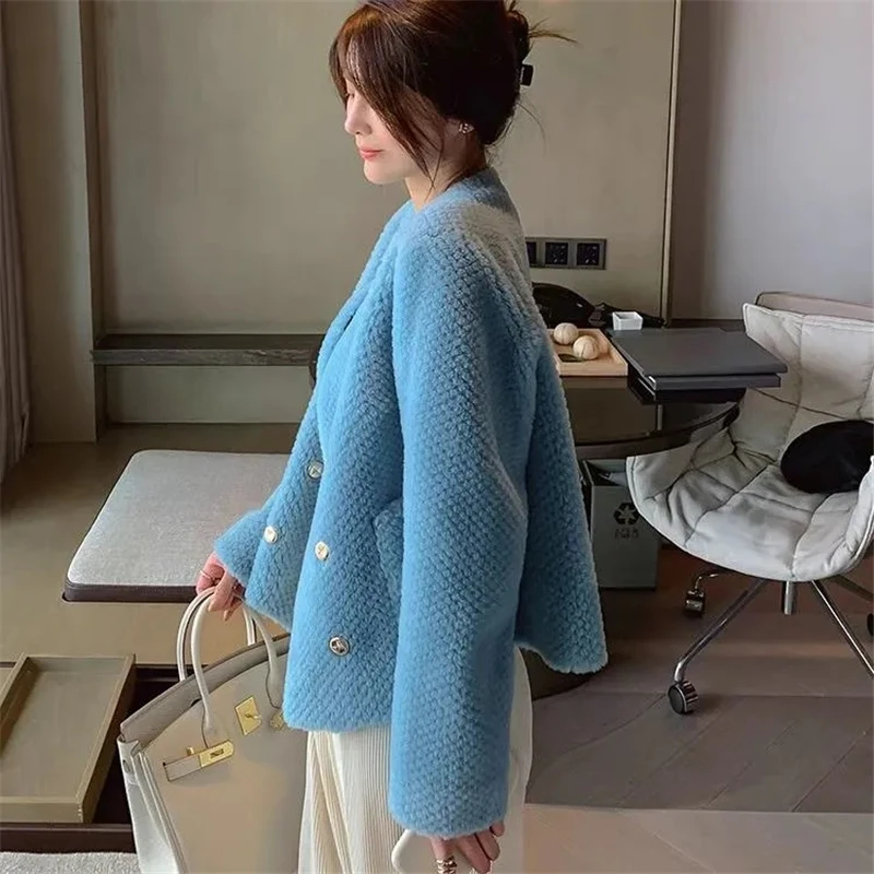Elegant Double Breasted Faux Fur Coat Women Korean Streetwear Cropped Blue Fur Jacket Office Lady Luxury Designer Winter Coat