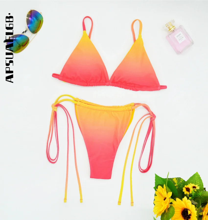 

APSUAELGB.-2021 new hot European and American sexy tether split swimsuit dazzle color three point bikini female swimming