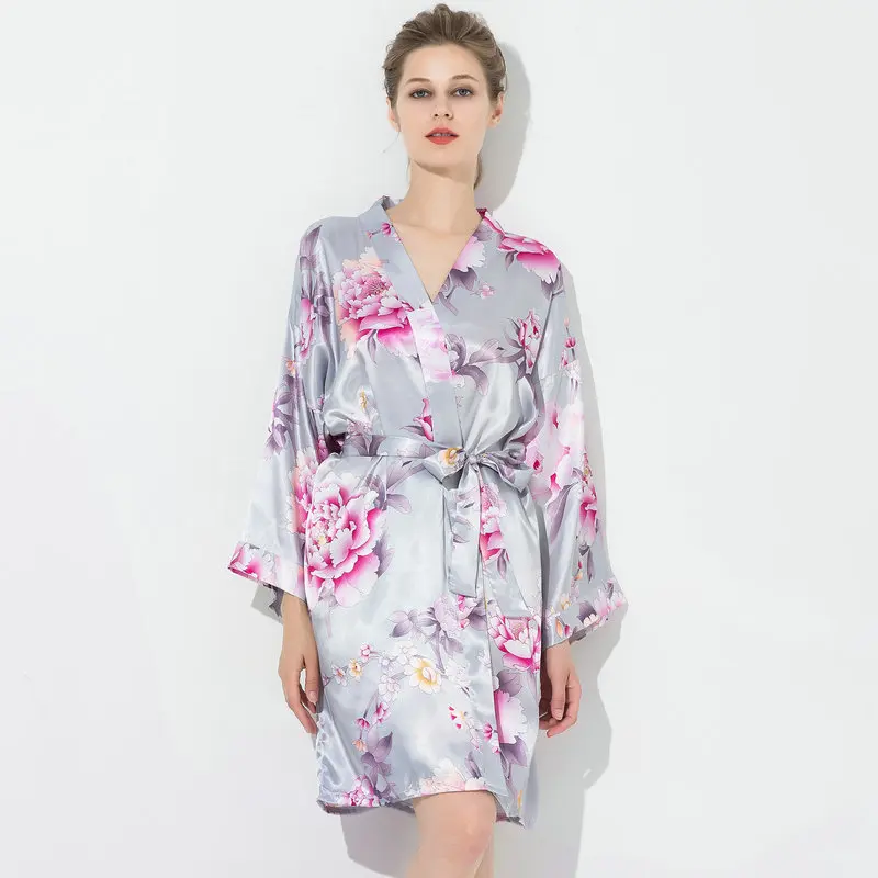 Owiter цветочный атласный Шелковый кимоно для невесты Цветочные халаты Серый халат