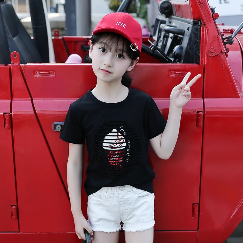 

Girls' T-shirt 2021 new summer children's short-sleeved T-shirt, big children's hollow top, girl's t-shirt