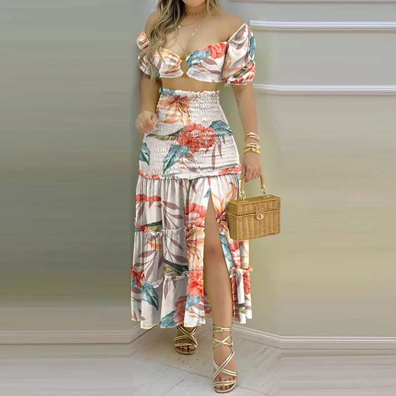 

Summer Women Floral & Leaves Printed Side Slit V Neck Sexy Two Piece Set Women Dress Set