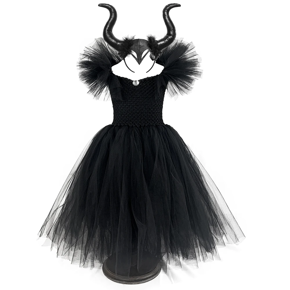 Костюм черной ведьмы детское платье пачка с рогами и крыльями для девочек
