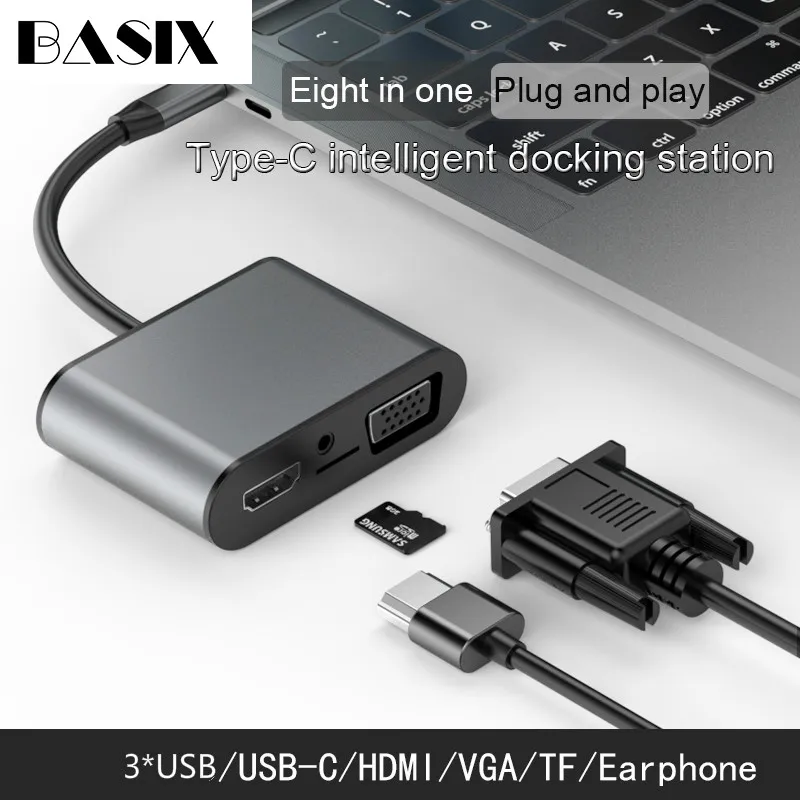 Док станция Basix USB C с переходником 3 0 HDMI Vga док Thunderbolt разъемом usb type PD TF 5 мм для