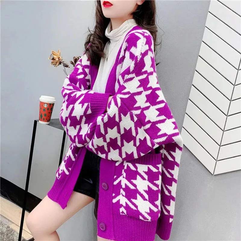 

Autumn Houndstooth Knit Sweater Casual Cardigans Women Purple Orange White V-neck Single Breasted Loose Knitwear Sueter Mujer
