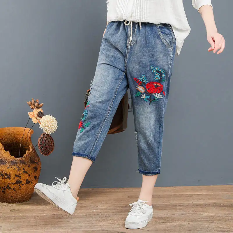 Джинсы женские в этническом стиле с вышивкой Капри рваные джинсы потертостями