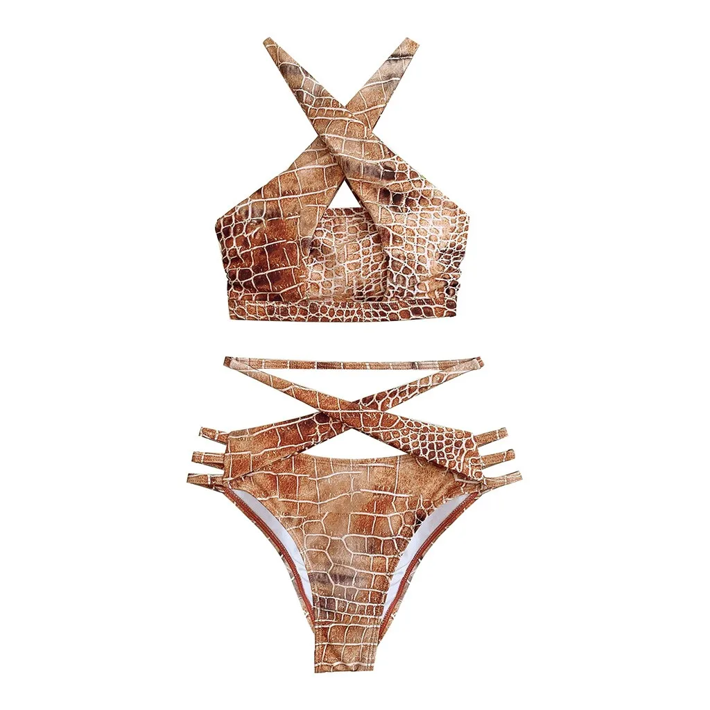 

Snake Print Swimming Suit Women's Bikini Set Cross Bandage Push Up Swimsuit High Waist Bikini 2020 Mujer Beach Wear Swimwear Hot
