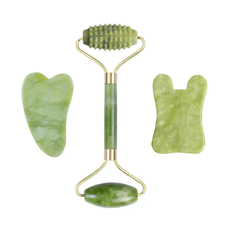 Натуральный нефритовый валик массажер для лица с напылением из гуаша скребок