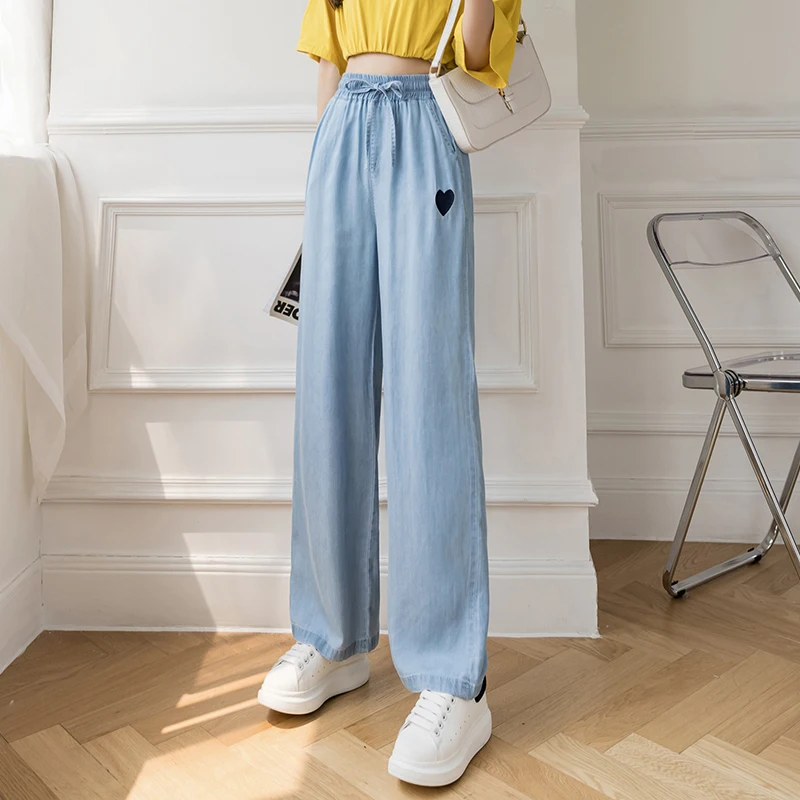 

Casual Tencel Denim Wide-leg Pants Women Chic Heart-shaped Embroidery High Waist Trousers Spring Summer Lady Leisure Clothing