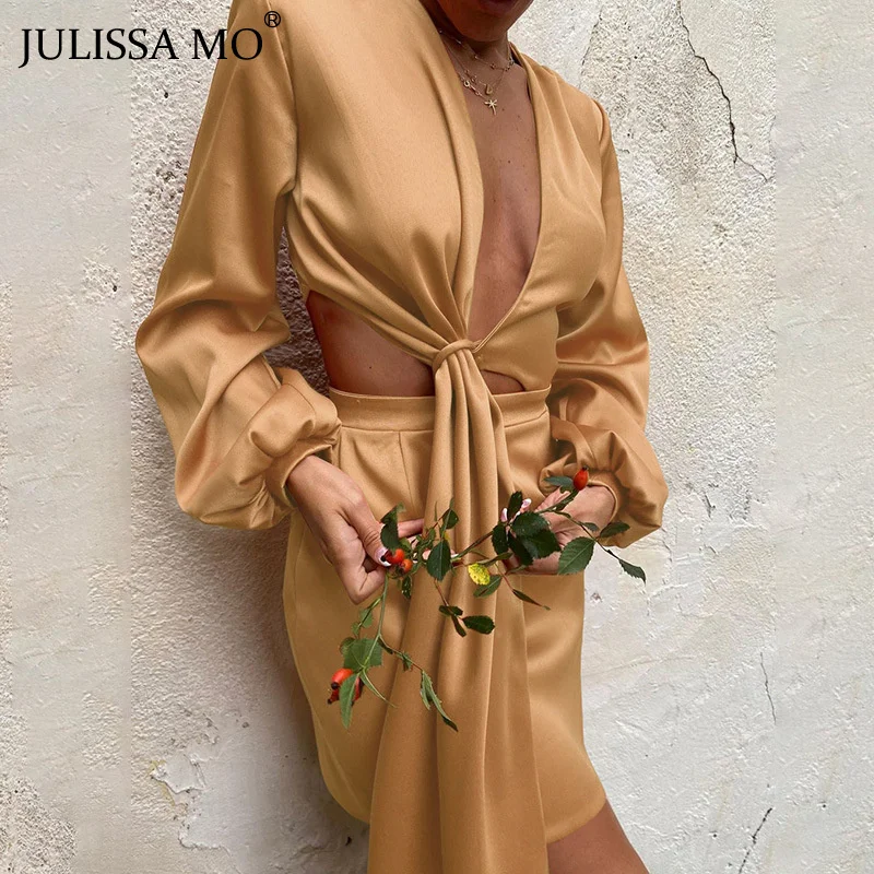 

Женское атласное мини-платье JULISSA MO, с длинным рукавом и вырезами, Осеннее Повседневное платье для вечерние