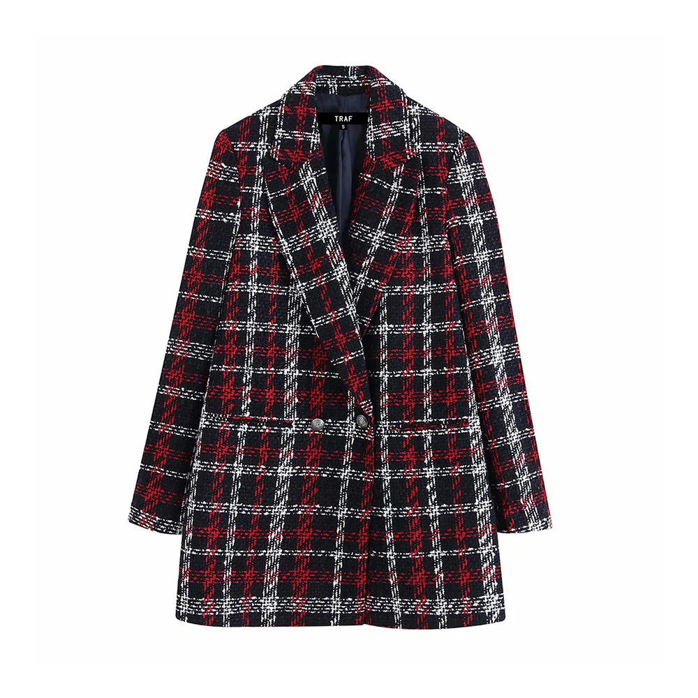 TRAF Women Office Lady Plaid Double Breasted Tweed Blazer Coat Vintage Fashion Long Sleeve Pockets Ladies Outerwear Chic Tops