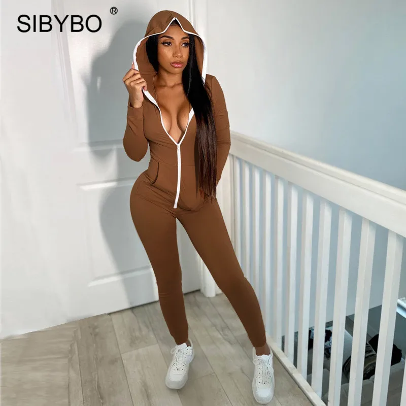 Женский Повседневный спортивный комбинезон Sibybo черный облегающий на молнии с