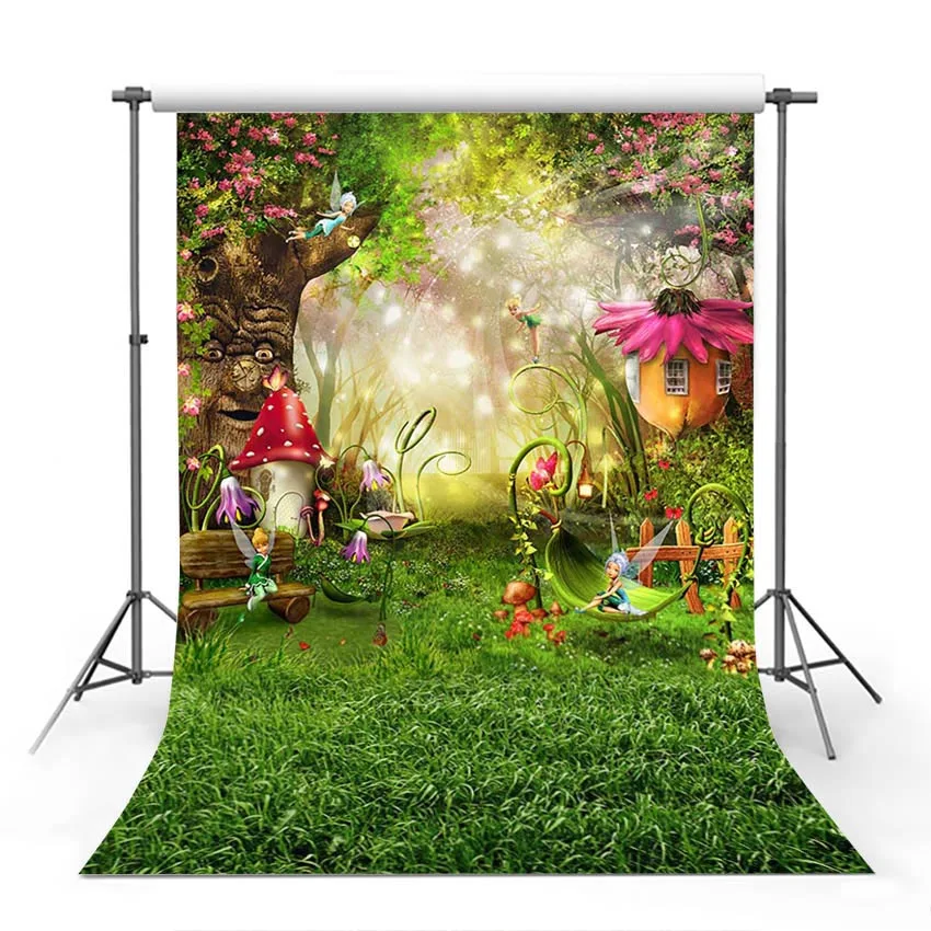 

Spring Flower Scenery Photography Backdrop Fairy Tale Forest Green Grass Mushrooms Elves Newborn Birthday Party Photo Background