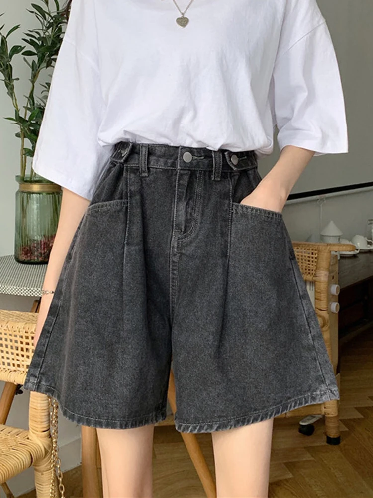 

denim shorts women 2020 summer vintage korean fashion loose pants casual plus size black wide leg shorts high waist jeans woman