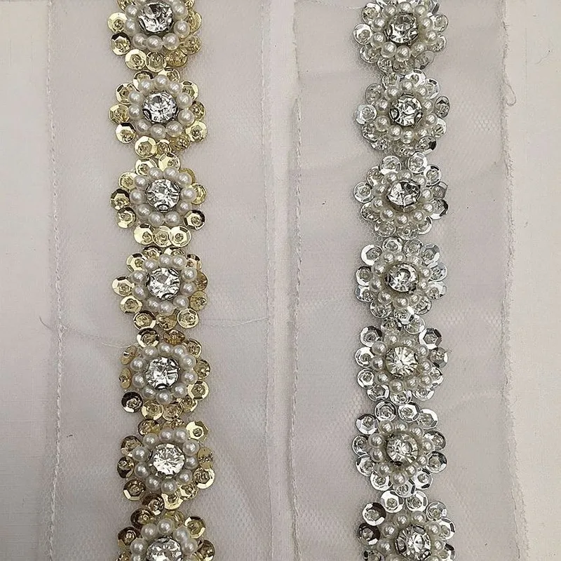 

6 yards Sequins Handmade Beaded Mesh Collar Pearl Lace Wedding Dress DIY lace belt trim