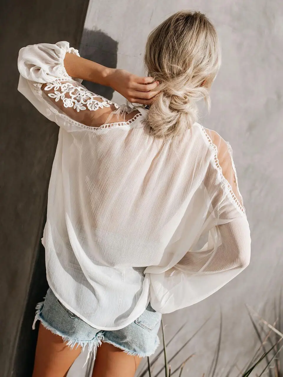 

Spring and Summer Women's Sexy See-Through V-Neck Lace Shirt