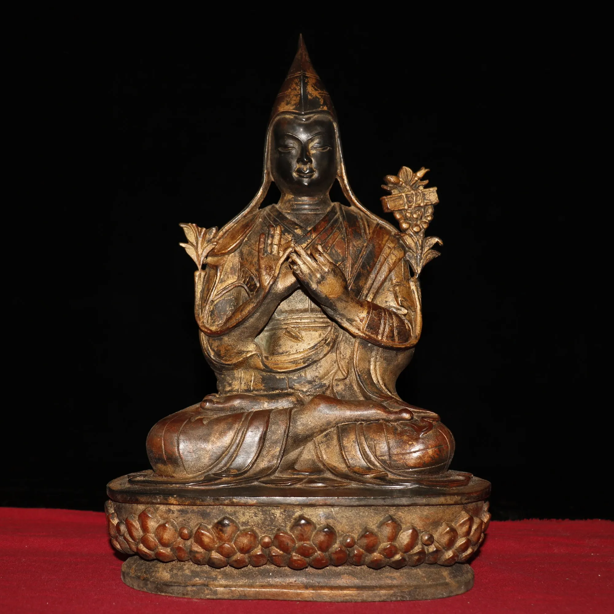 

13"Tibet Temple Collection Old Bronze Lacquer Cinnabar Tsongkhapa Tibetan Buddha Sitting Buddha Enshrine the Buddha