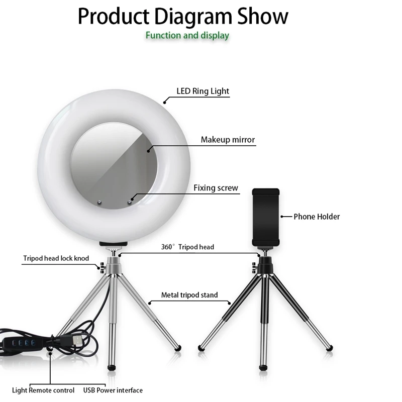 9 дюймов светодиодный Рабочий стол кольцевой светильник со штативом для телефона