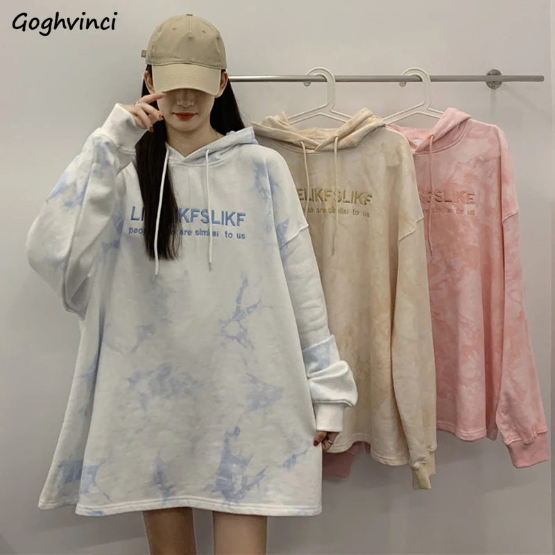 

With Hat Hoodies Women Trendy Letter Tie Dye Spring Autumn Womens Hoodie Simple Fashion Chic Leisure Harajuku Teens Sweatshirts