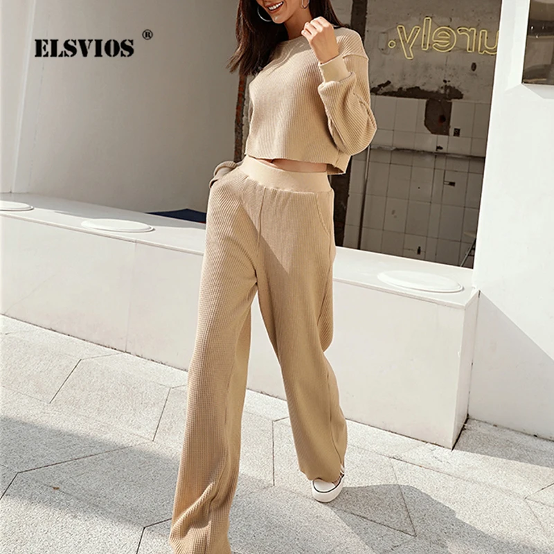 

Ladies Elegant Knitting Two-piece Suit Autumn Winter Solid Suit Women Casual O-neck Slim Short Tops Wide Leg Pants 2 Piece Suits
