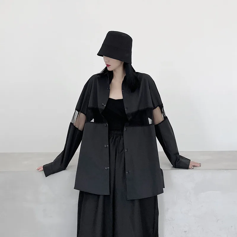 

Women Shirts Mesh Splice Perspective Long sleeves Shirts High Street Dark Japan Style Yohji Autumn Goth Owen Female Clothing