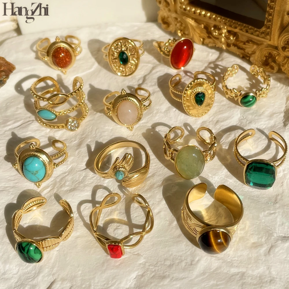 

Новые красочные кольца Стразы из натурального камня, овальные геометрические открытые кольца из нержавеющей стали неправильной геометрич...