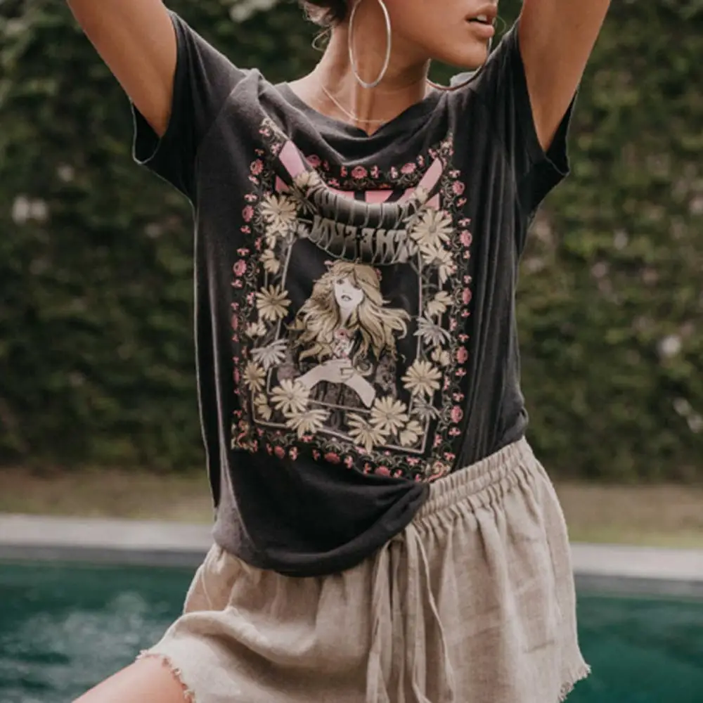 Женская футболка с коротким рукавом и цветочным принтом в стиле бохо|Футболки| |