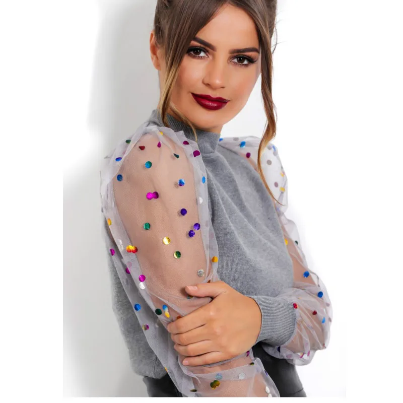 Женская футболка с блестками и длинным пышным сетчатым рукавом повседневная