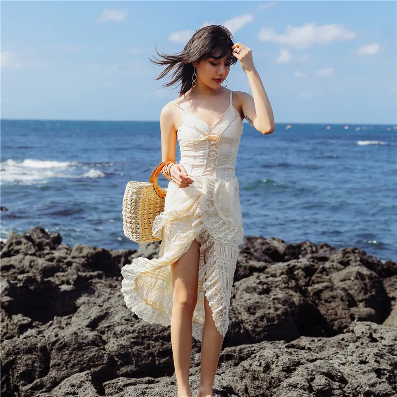

Summer Vintage French Girl Lace Dresses Women Sexy Beach Dress High Quality Spaghetti Strap White Runway Ladies Beach Dresses