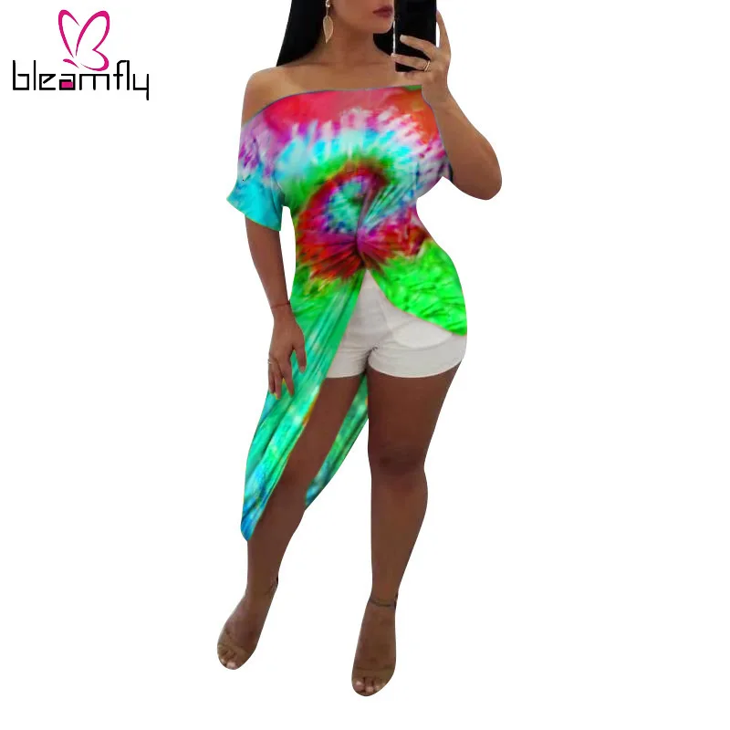 2019 женское платье с черными дырками и принтом Tie Dye открытыми плечами завязками до