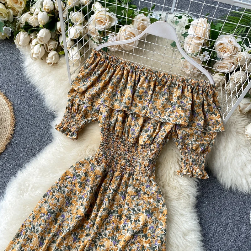 

Women's Summer Jumpsuit with Floral Lotus Leaf Side-neck High-waist Wide-leg Trousers Waist Waist Off-shoulder Jumpsuit GX028