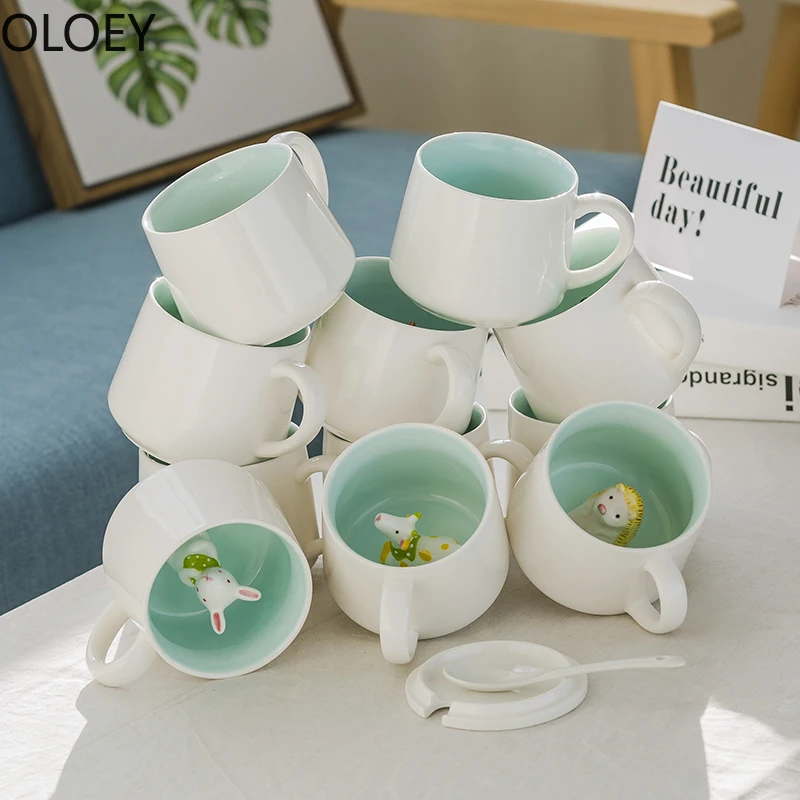 Новая мультяшная керамическая кофейная кружка с крышкой и ложкой креативная