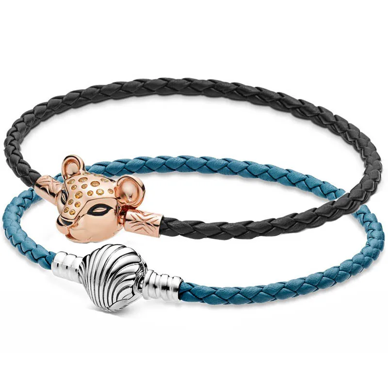 

Moments Seashell & Lioness Clasp Black Turquoise Leather Bracelet Fit Fashion 925 Sterling Silver Bangle Bead Charm DIY Jewelry