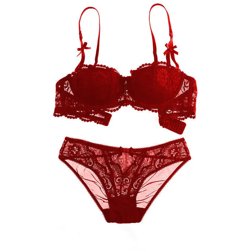 

European and American lace half cup bra transparent sexy temptation gathered bra summer lingerie women