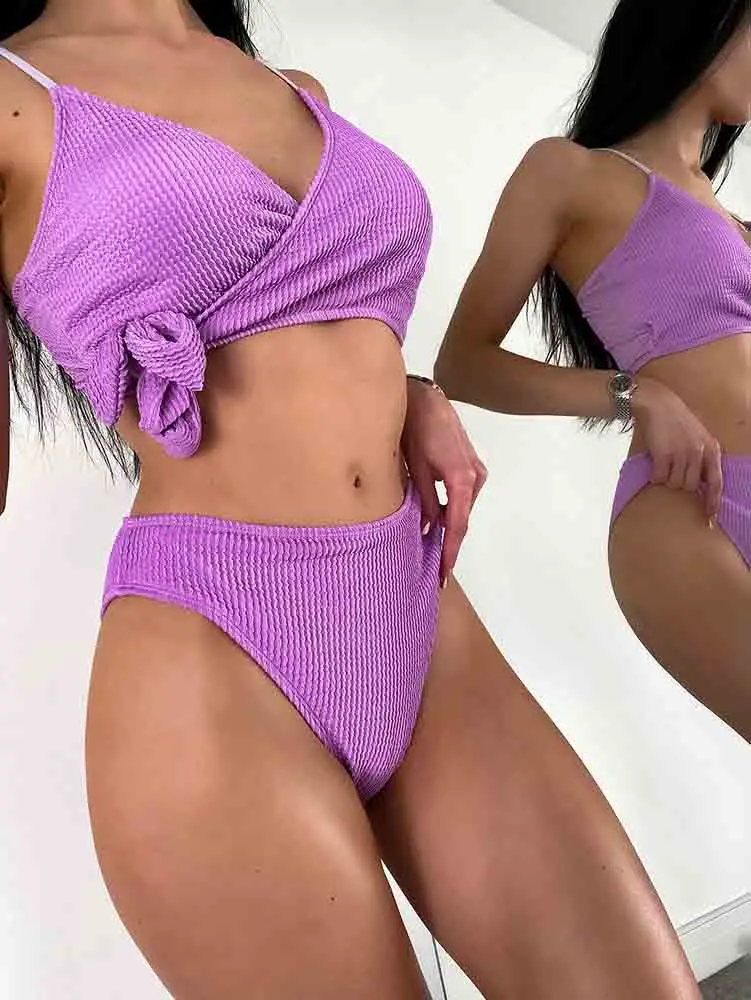 

Комплект бикини женский фиолетовый, с высокой талией, пуш-ап, 2021