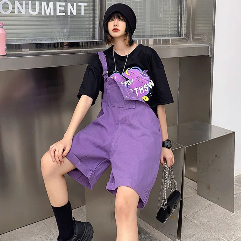 Шорты на подтяжках женские в стиле Харадзюку однотонные фиолетовые свободные