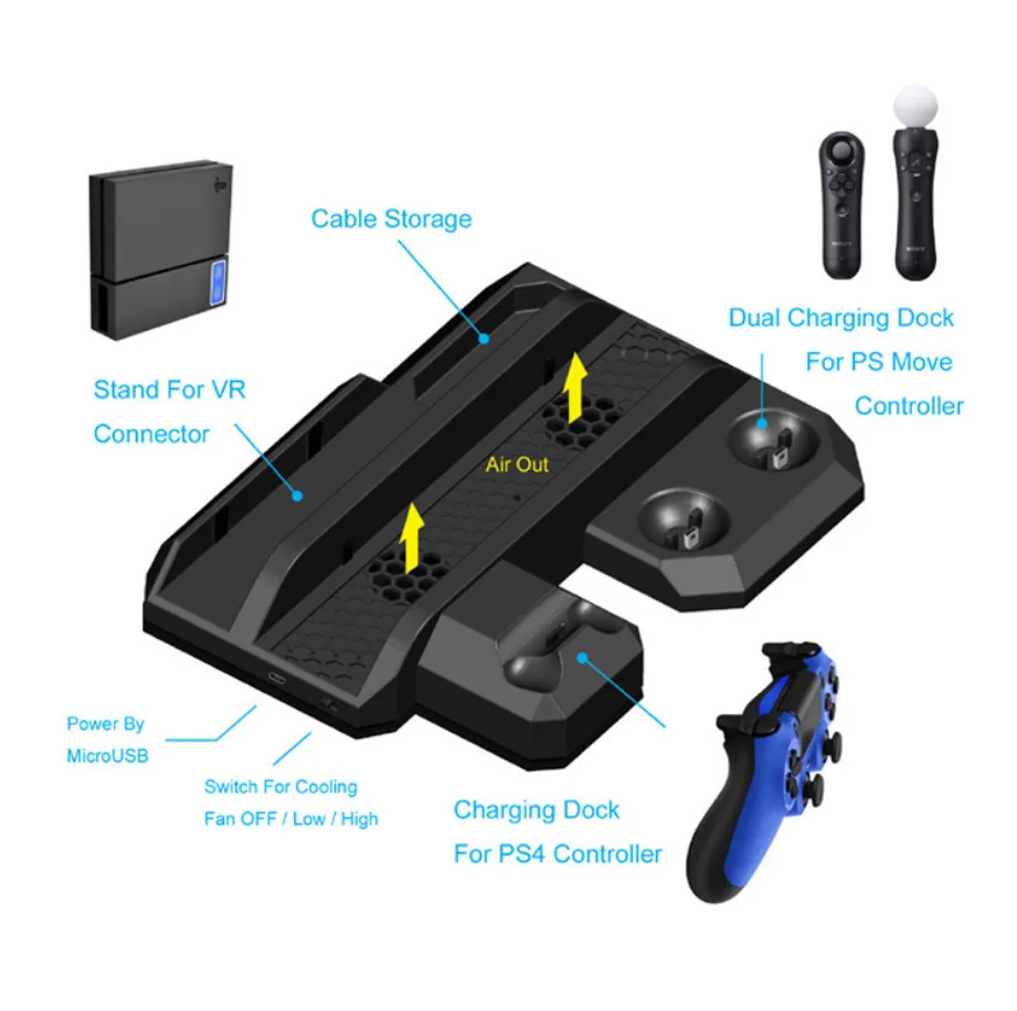 Multifunctional Vertical Console Cooling Stand for PS4 Pro/PS4 Slim/PS4 Controller Charger Station VR Showcase Holder | Электроника
