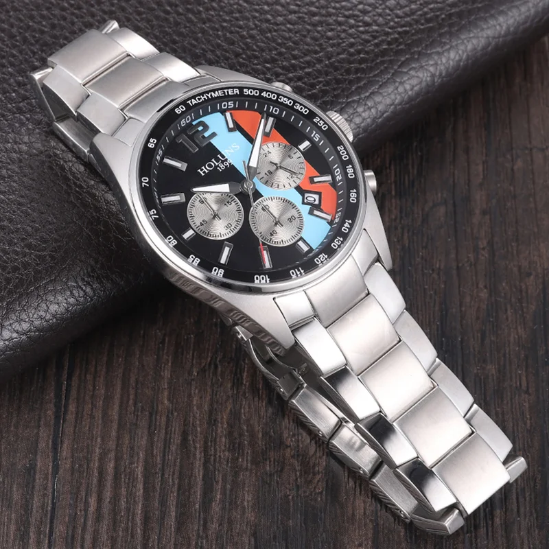 HOLUNS Mens Watches Waterproof Quartz Wristwatch Multifunctional Movement Stainless Steel Gifts For Man Sport Business Colorful | Наручные