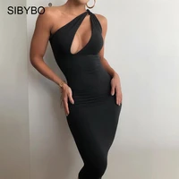sibybo black hollow out sexy summer dress women one shoulder bodycon long dresses femme sleeveless skinny party vestidos 2021