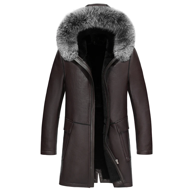 

Mens Leather Jacket Winter Genuine Leather Jackets Men Fashion Real Shearling Sheepskin Long Coat with Natural Fox Fur Hooded