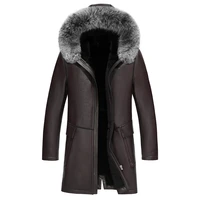 mens leather jacket winter genuine leather jackets men fashion real shearling sheepskin long coat with natural fox fur hooded