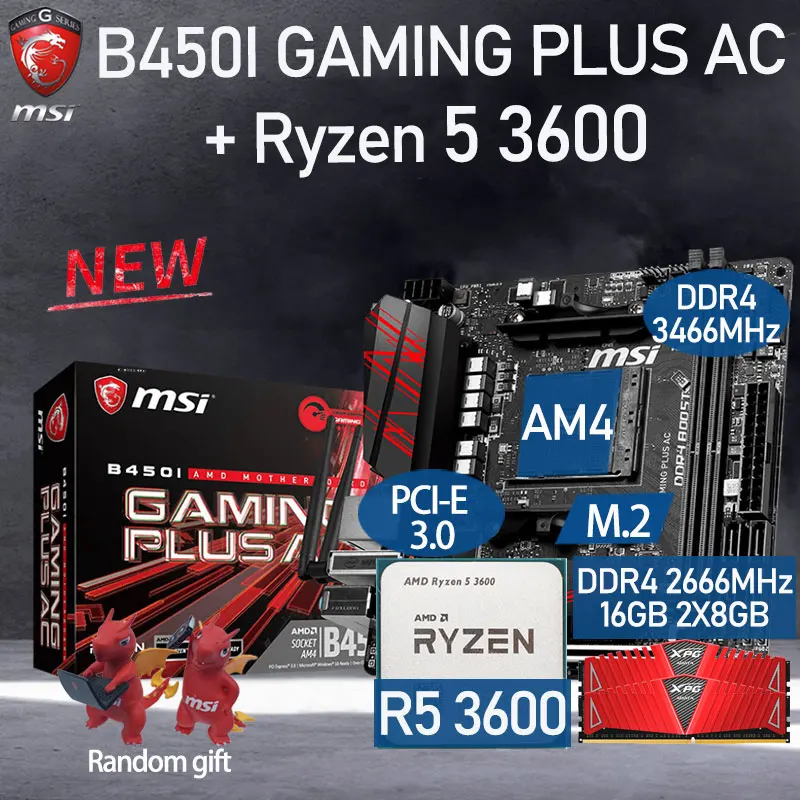 

AM4 MSI B450I GAMING PLUS AC Motherboard Set + AMD Kit Ryzen 5 3600 Combo+ DDR4 16Gb 2666MHz M.2 B450 Placa-mãe Kit Desktop B450