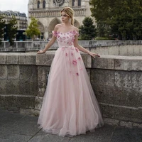 pink a line evening dress satin tulle long prom party wear beading %e2%80%8bshoulder sleeves with flowers celebrity gown custom made