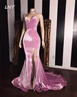 Розовые вельветовые платья-русалки для выпускного вечера с V-образным вырезом и разрезом, Простые Вечерние платья без рукавов, размера плюс