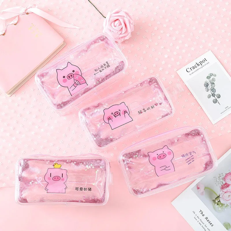 Cute PVC Pig Pencil Case Colorful Transparent Quicksand Girl Pen Bag Creative Korean Stationery School Supplies Pouch Kids Gift |
